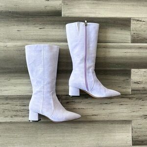 Lavender Faux Suede Pointed Toe Heeled Mid-Calf Boots Go-Go Boots